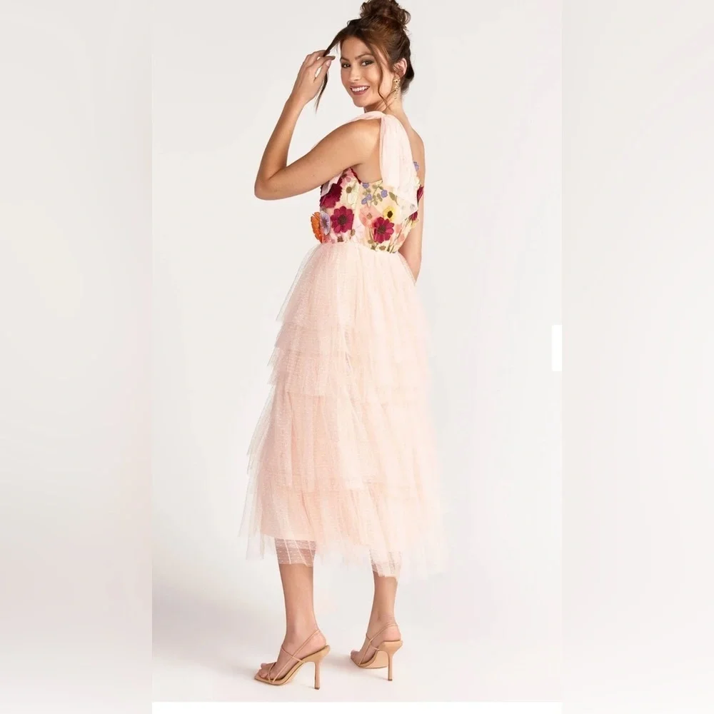 Blush One Shoulder New York and Company 3D Flora Dress Summer Dress. - Picture 3 of 5